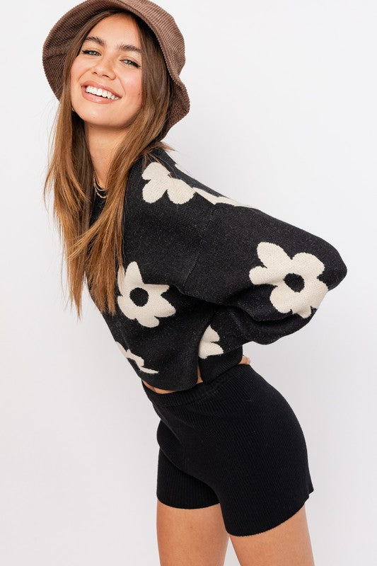 Long Sleeve Crop Sweater with Daisy Pattern - Lily and Lavender Boutique