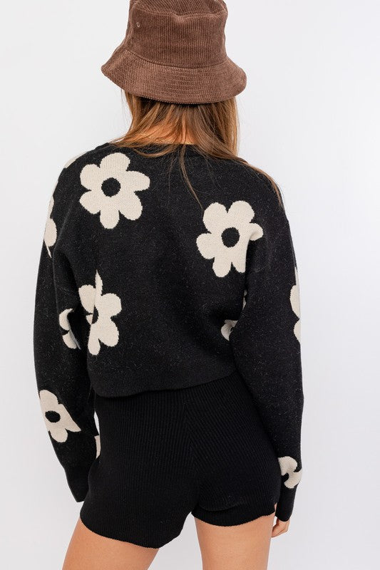 Long Sleeve Crop Sweater with Daisy Pattern - Lily and Lavender Boutique