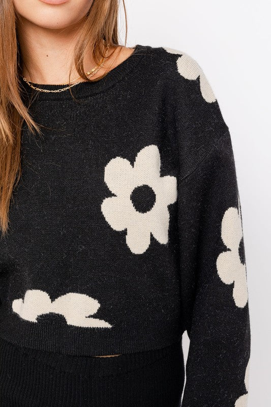 Long Sleeve Crop Sweater with Daisy Pattern - Lily and Lavender Boutique