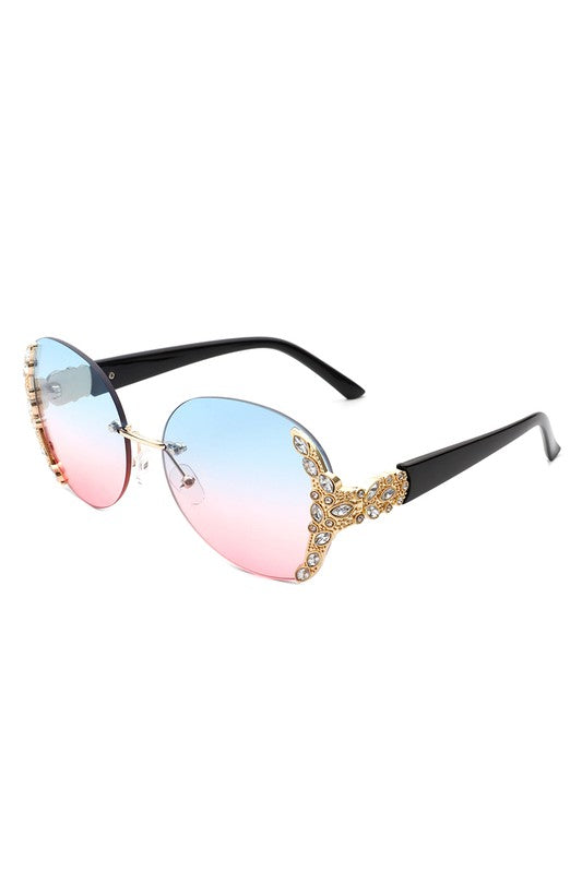 Women Rimless Round Rhinestone Oversize Sunglasses - Lily and Lavender Boutique