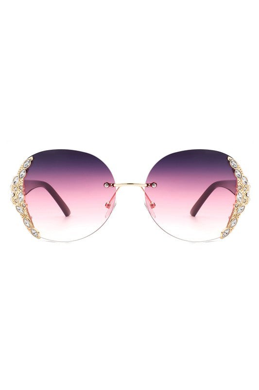 Women Rimless Round Rhinestone Oversize Sunglasses - Lily and Lavender Boutique