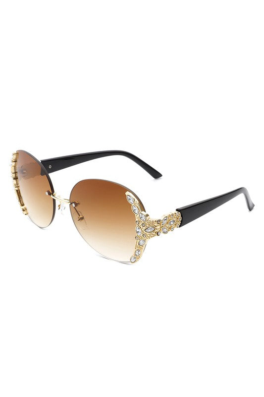 Women Rimless Round Rhinestone Oversize Sunglasses - Lily and Lavender Boutique