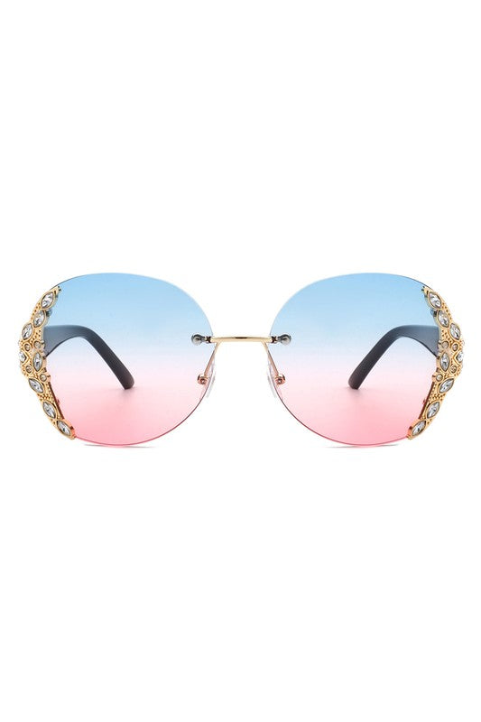 Women Rimless Round Rhinestone Oversize Sunglasses - Lily and Lavender Boutique