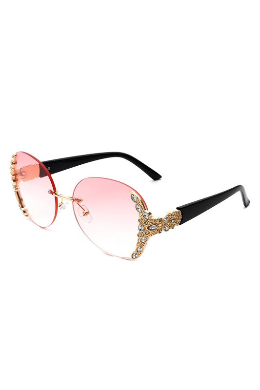 Women Rimless Round Rhinestone Oversize Sunglasses - Lily and Lavender Boutique