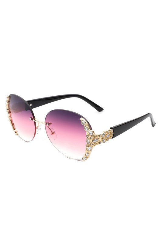 Women Rimless Round Rhinestone Oversize Sunglasses - Lily and Lavender Boutique