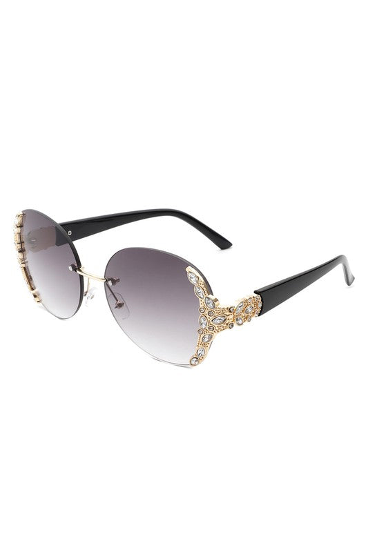 Women Rimless Round Rhinestone Oversize Sunglasses - Lily and Lavender Boutique