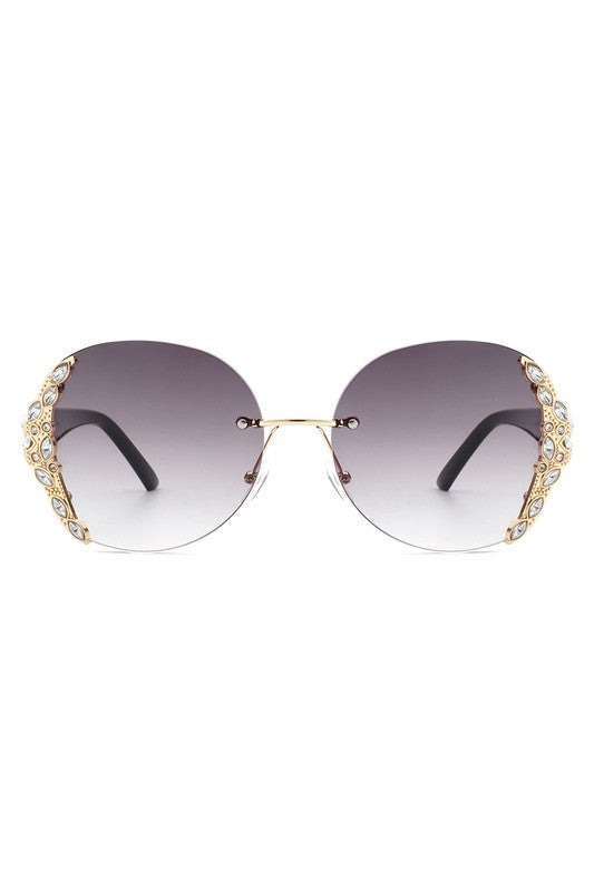 Women Rimless Round Rhinestone Oversize Sunglasses - Lily and Lavender Boutique