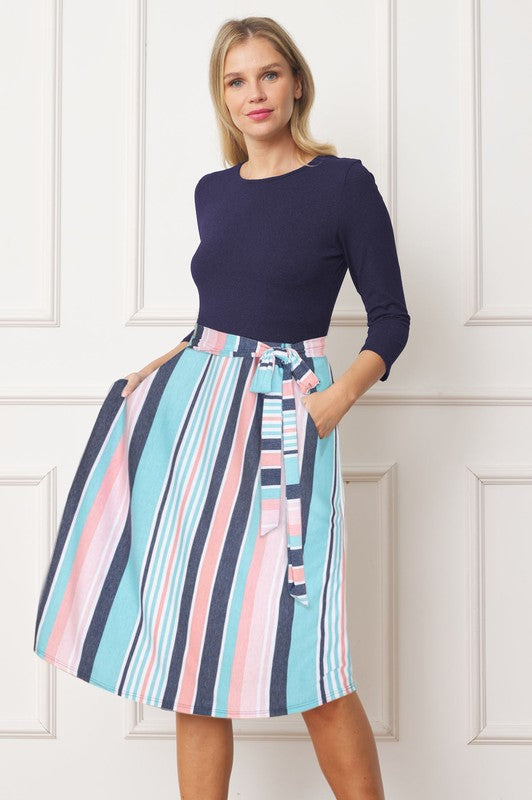 Quarter Sleeve Stripe Sash Midi Dress - Lily and Lavender Boutique