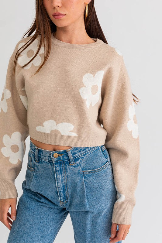 Long Sleeve Crop Sweater with Daisy Pattern - Lily and Lavender Boutique