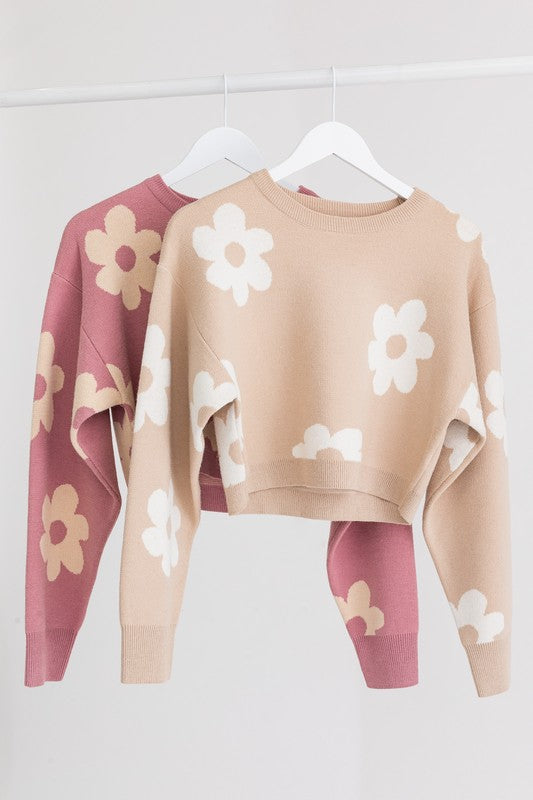 Long Sleeve Crop Sweater with Daisy Pattern - Lily and Lavender Boutique