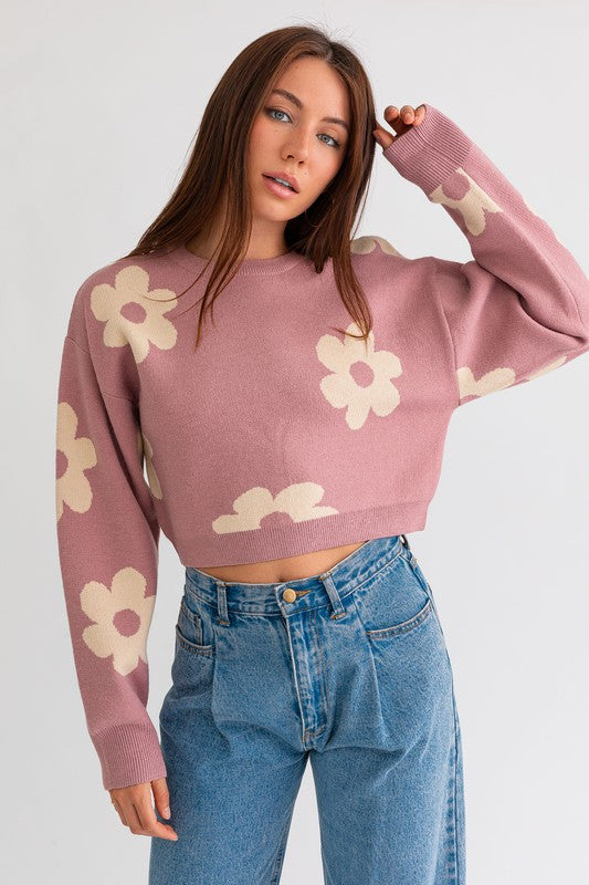 Long Sleeve Crop Sweater with Daisy Pattern - Lily and Lavender Boutique