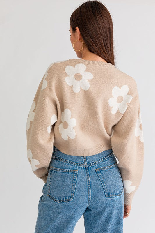 Long Sleeve Crop Sweater with Daisy Pattern - Lily and Lavender Boutique