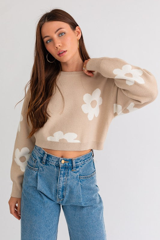 Long Sleeve Crop Sweater with Daisy Pattern - Lily and Lavender Boutique