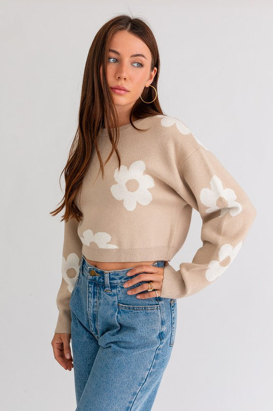 Long Sleeve Crop Sweater with Daisy Pattern - Lily and Lavender Boutique