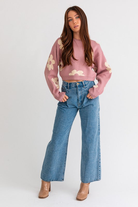 Long Sleeve Crop Sweater with Daisy Pattern - Lily and Lavender Boutique