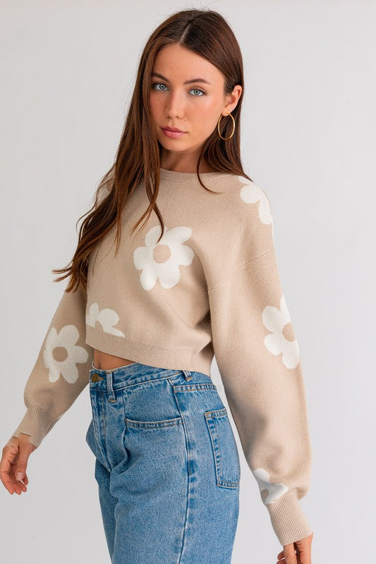 Long Sleeve Crop Sweater with Daisy Pattern - Lily and Lavender Boutique