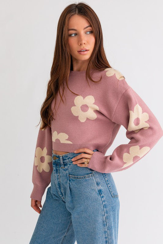 Long Sleeve Crop Sweater with Daisy Pattern - Lily and Lavender Boutique