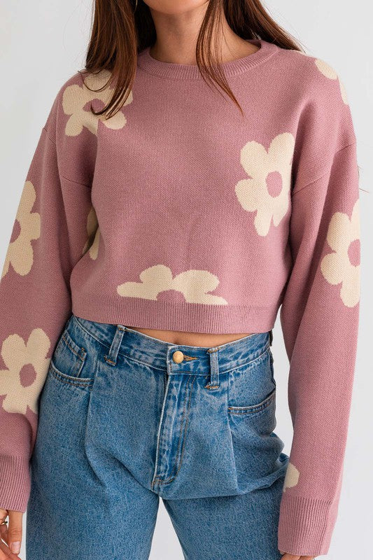 Long Sleeve Crop Sweater with Daisy Pattern - Lily and Lavender Boutique