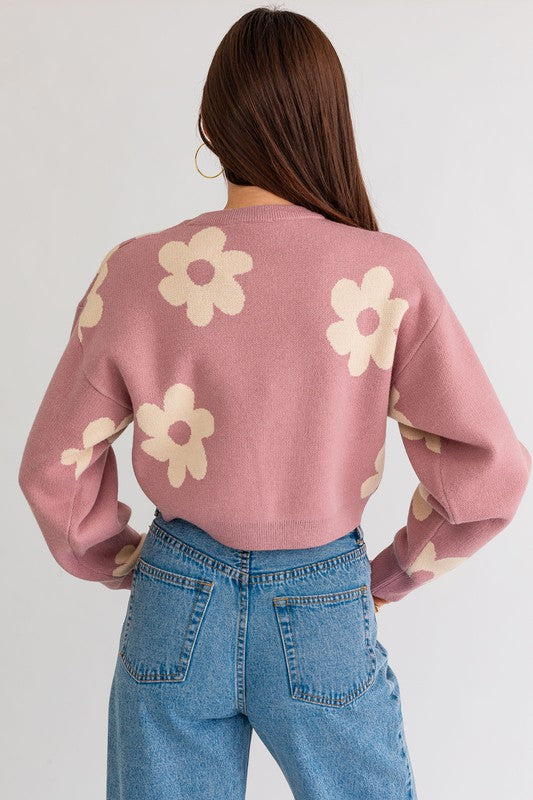 Long Sleeve Crop Sweater with Daisy Pattern - Lily and Lavender Boutique