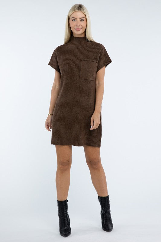 Mock Neck Short Sleeve Sweater Dress with Pocket - Lily and Lavender Boutique