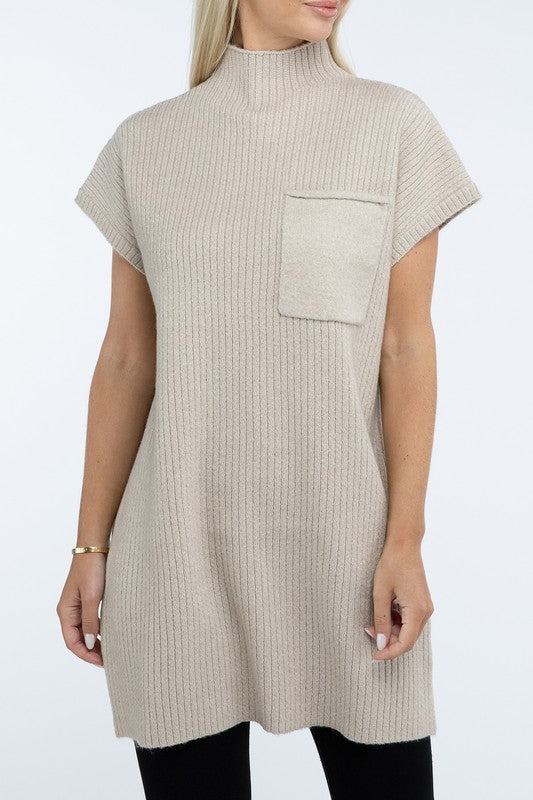 Mock Neck Short Sleeve Sweater Dress with Pocket - Lily and Lavender Boutique