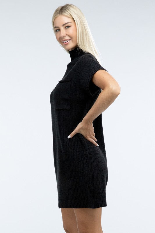 Mock Neck Short Sleeve Sweater Dress with Pocket - Lily and Lavender Boutique
