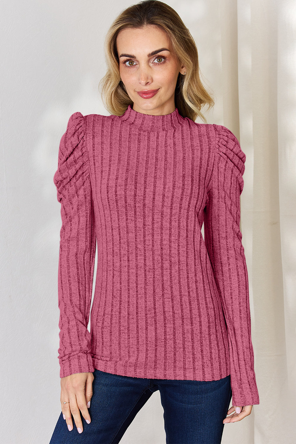 Basic Bae Full Size Ribbed Mock Neck Puff Sleeve T-Shirt - Lily and Lavender Boutique