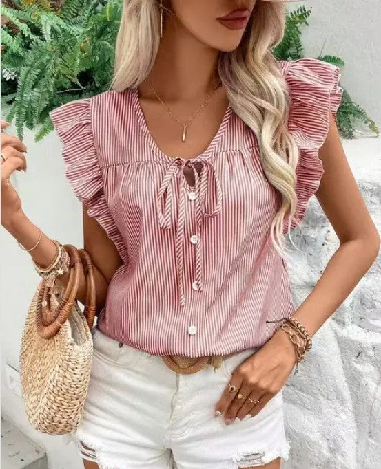 Striped ruffle tie front blouse - Lily and Lavender Boutique