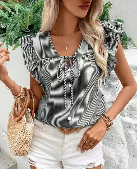 Striped ruffle tie front blouse - Lily and Lavender Boutique