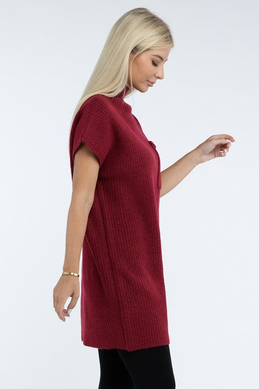 Mock Neck Short Sleeve Sweater Dress with Pocket - Lily and Lavender Boutique