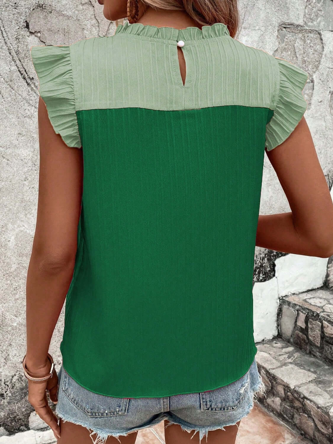 Frill Contrast Round Neck Cap Sleeve Top