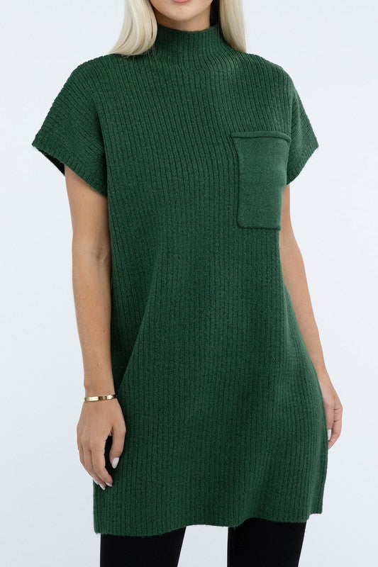 Mock Neck Short Sleeve Sweater Dress with Pocket - Lily and Lavender Boutique