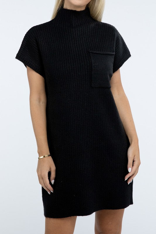 Mock Neck Short Sleeve Sweater Dress with Pocket - Lily and Lavender Boutique