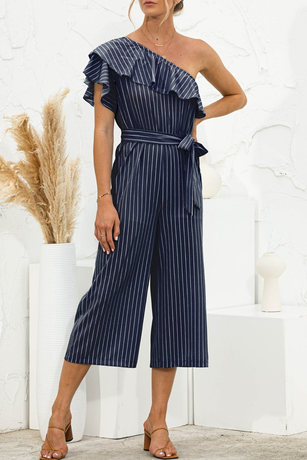 Ruffled Single Shoulder Tie Waist Jumpsuit - Lily and Lavender Boutique