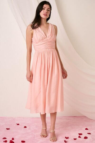 Mittoshop Ruched V-Neck Sleeveless Midi Dress - Lily and Lavender Boutique