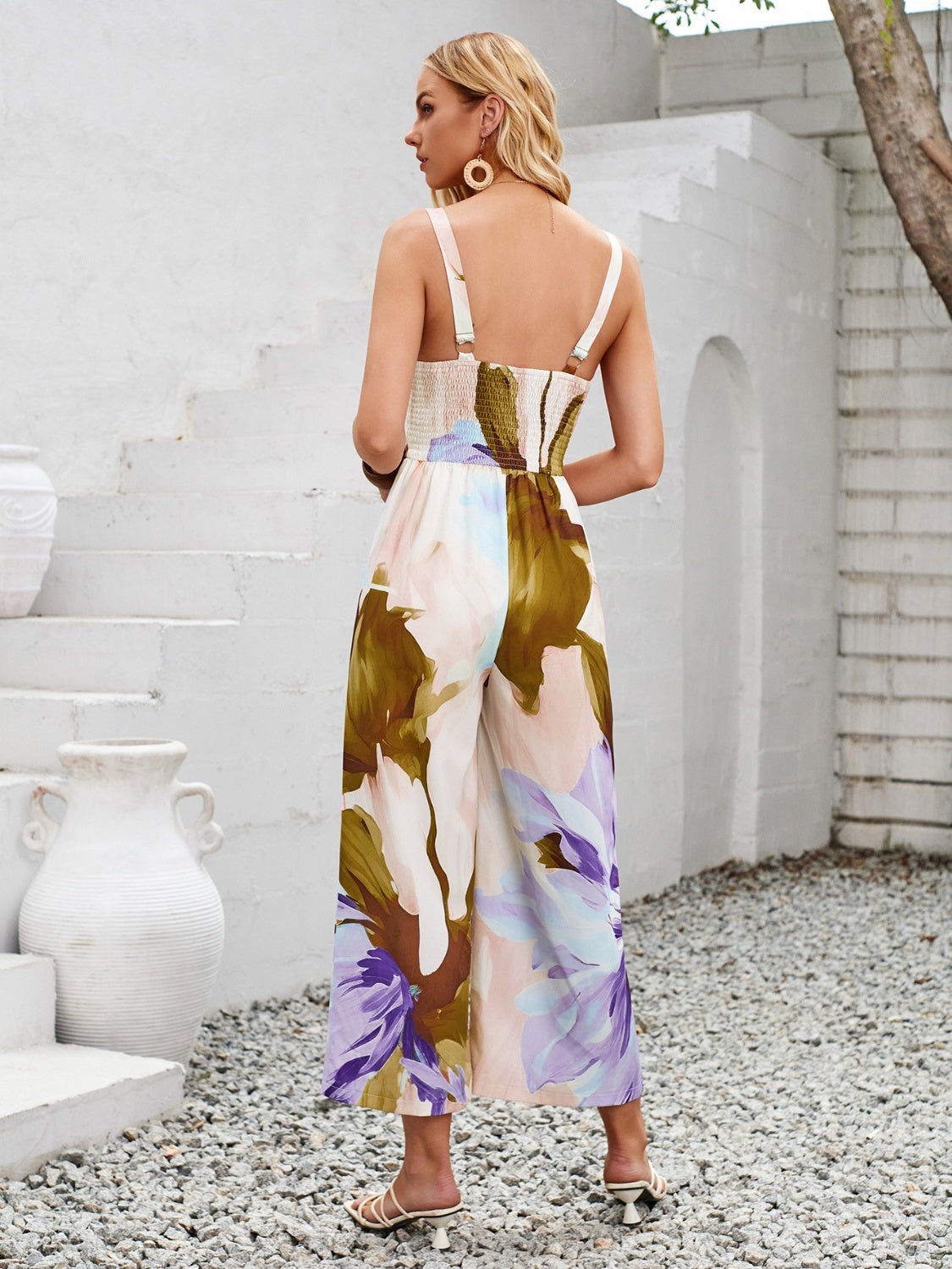 Cutout Printed Wide Strap Jumpsuit - Lily and Lavender Boutique