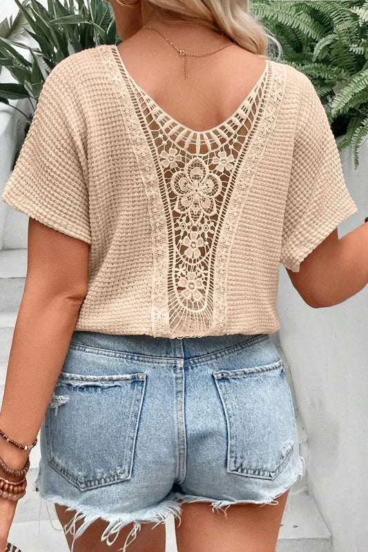 Plus Size Textured Lace Round Neck Short Sleeve Top