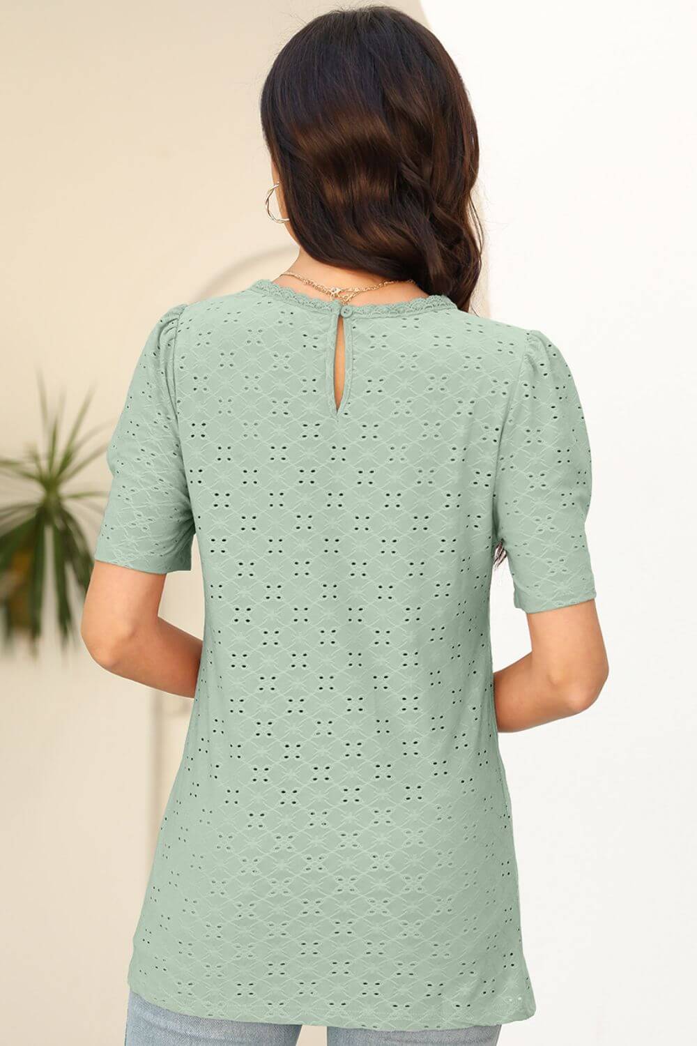 Eyelet Round Neck Short Sleeve T-Shirt