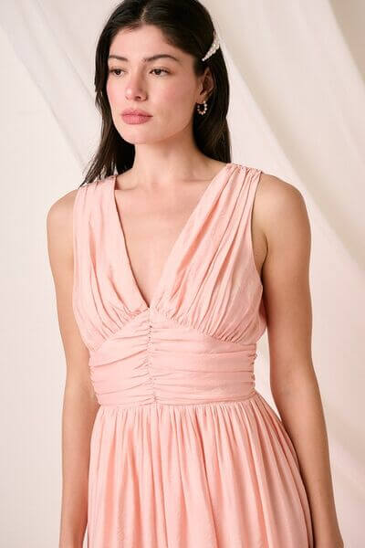 Mittoshop Ruched V-Neck Sleeveless Midi Dress - Lily and Lavender Boutique