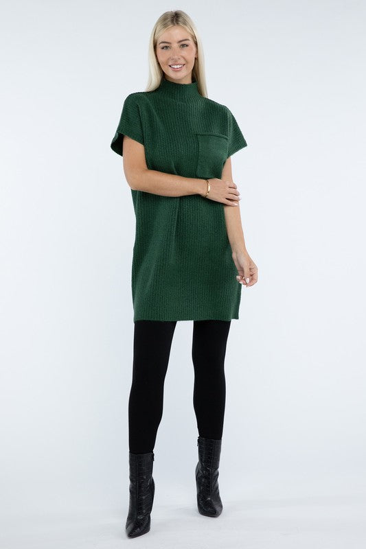 Mock Neck Short Sleeve Sweater Dress with Pocket - Lily and Lavender Boutique