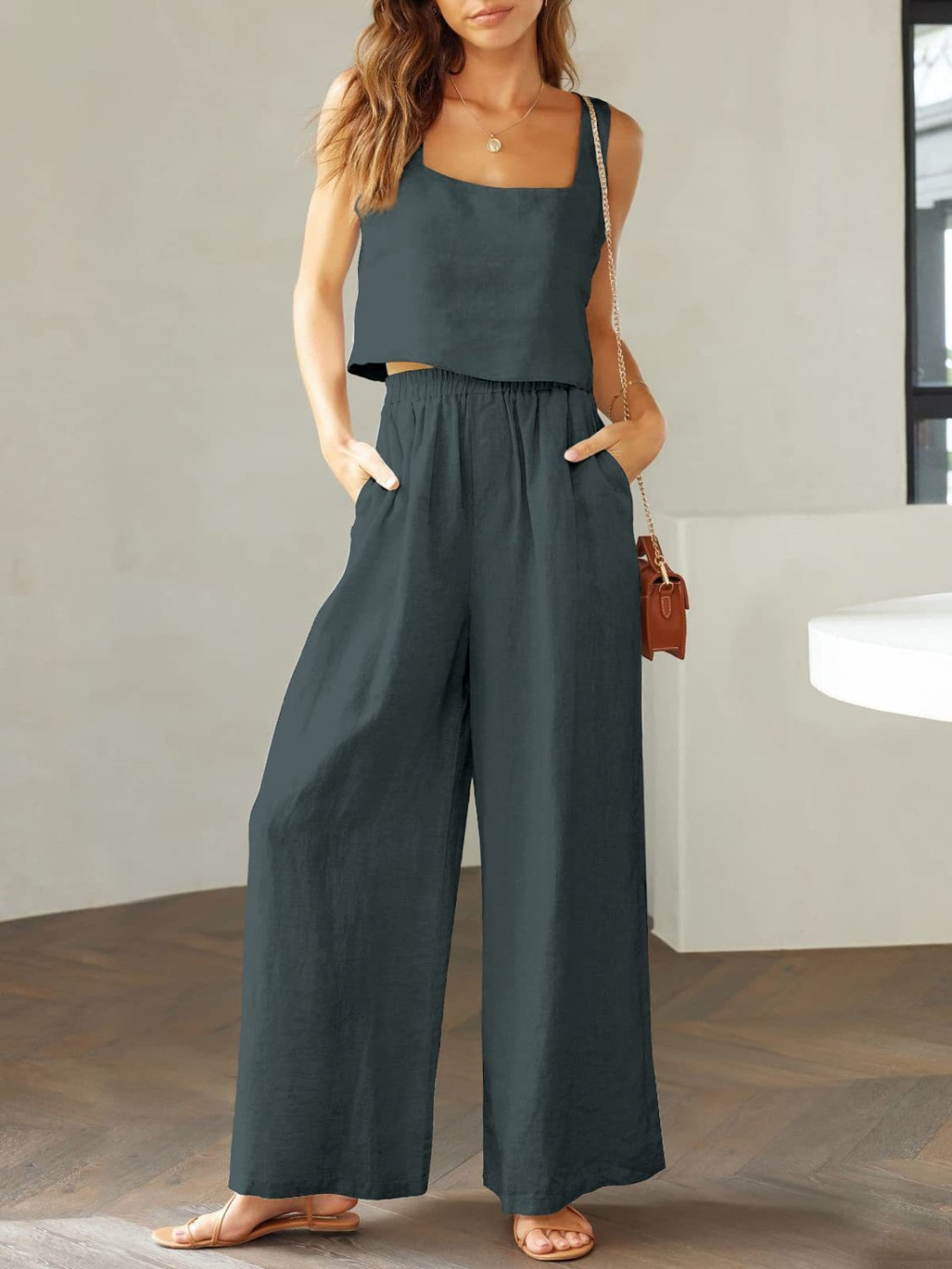 Square Neck Top and Wide Leg Pants Set - Lily and Lavender Boutique