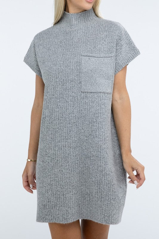 Mock Neck Short Sleeve Sweater Dress with Pocket - Lily and Lavender Boutique
