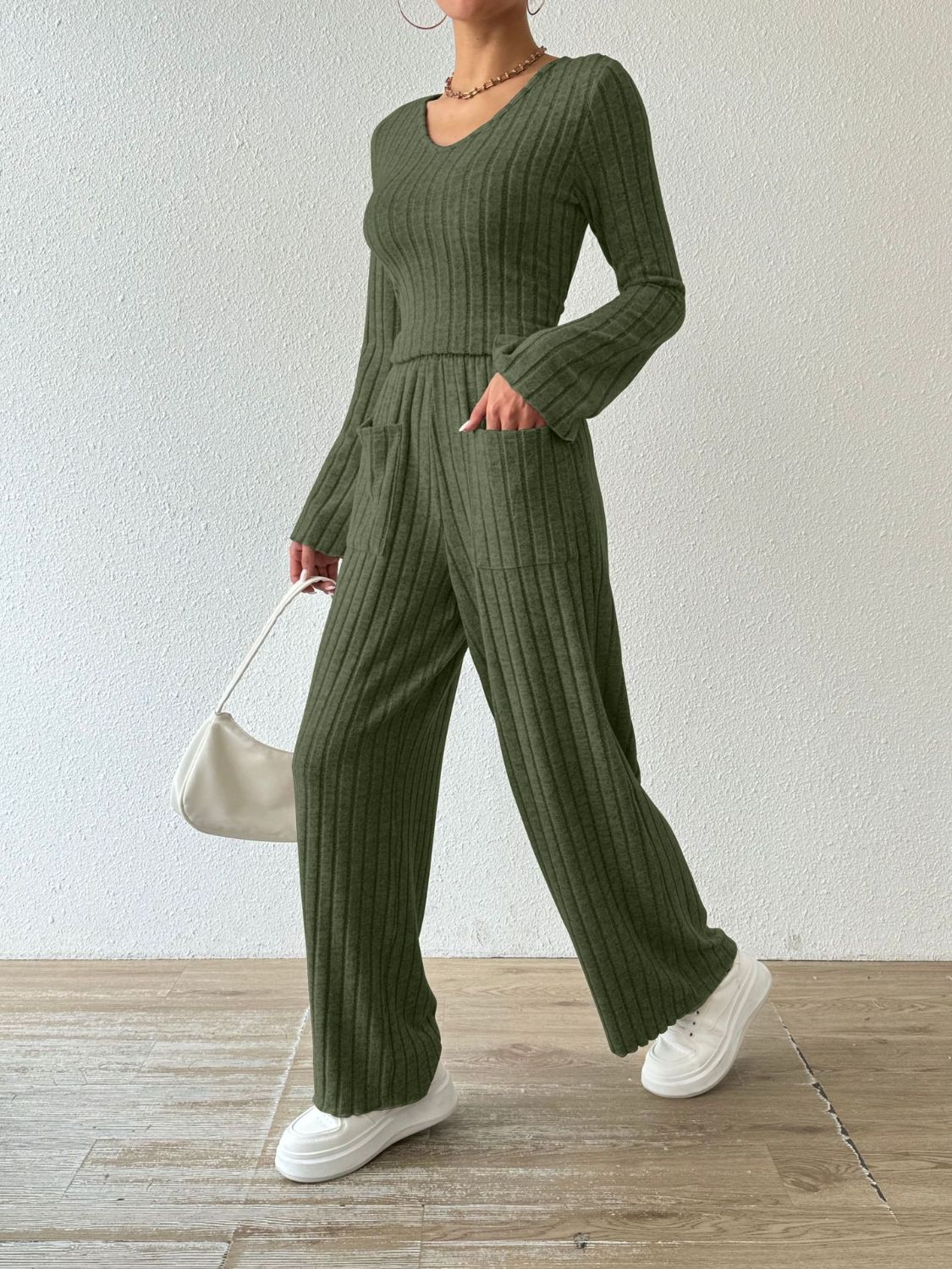 Ribbed V-Neck Long Sleeve Top and Pocketed Pants Set