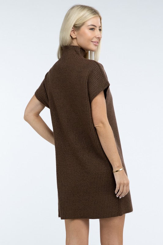 Mock Neck Short Sleeve Sweater Dress with Pocket - Lily and Lavender Boutique