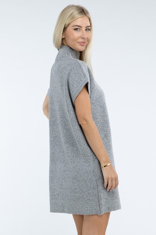 Mock Neck Short Sleeve Sweater Dress with Pocket - Lily and Lavender Boutique