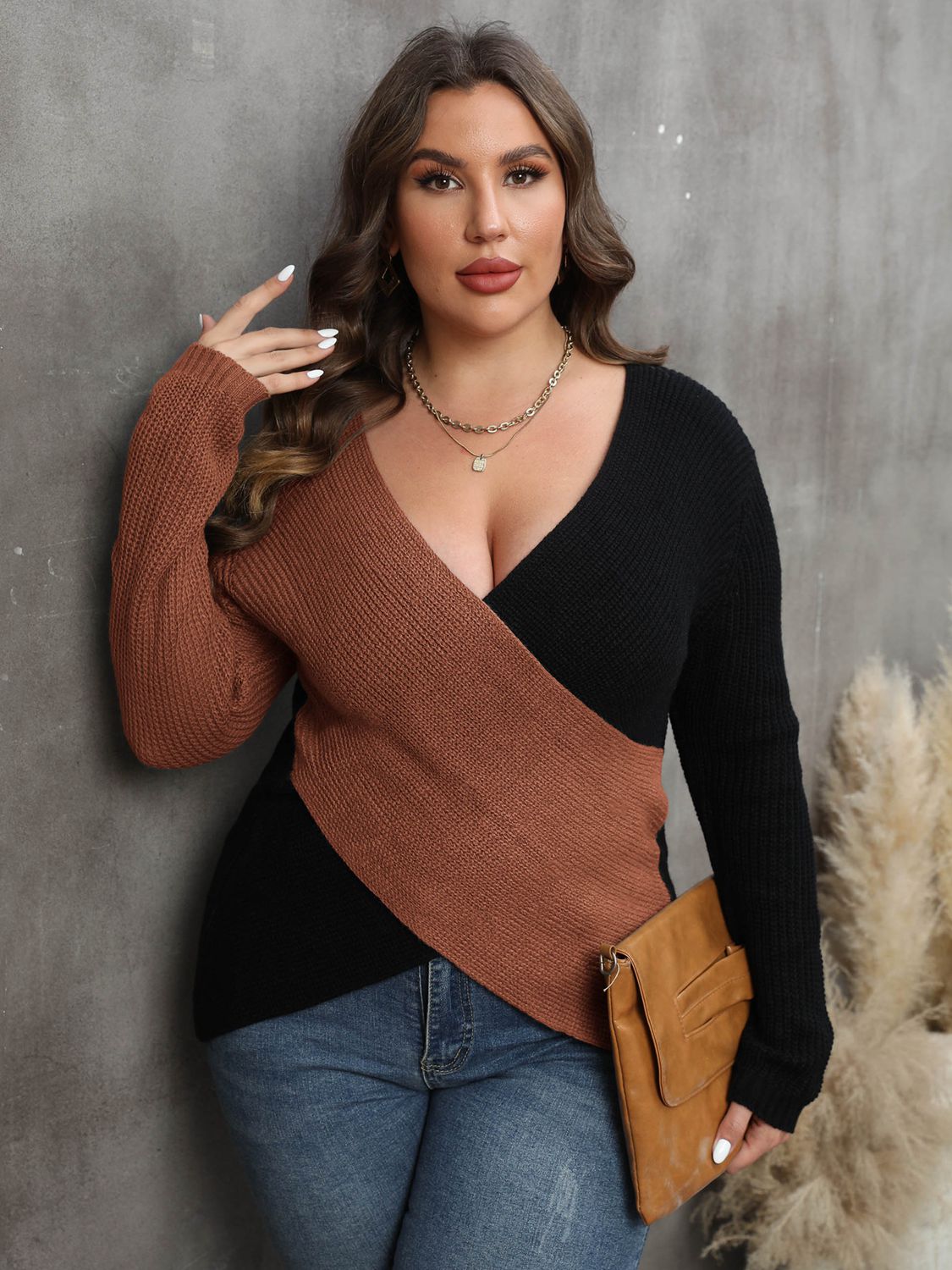 Plus Size Two-Tone Surplice Neck Sweater