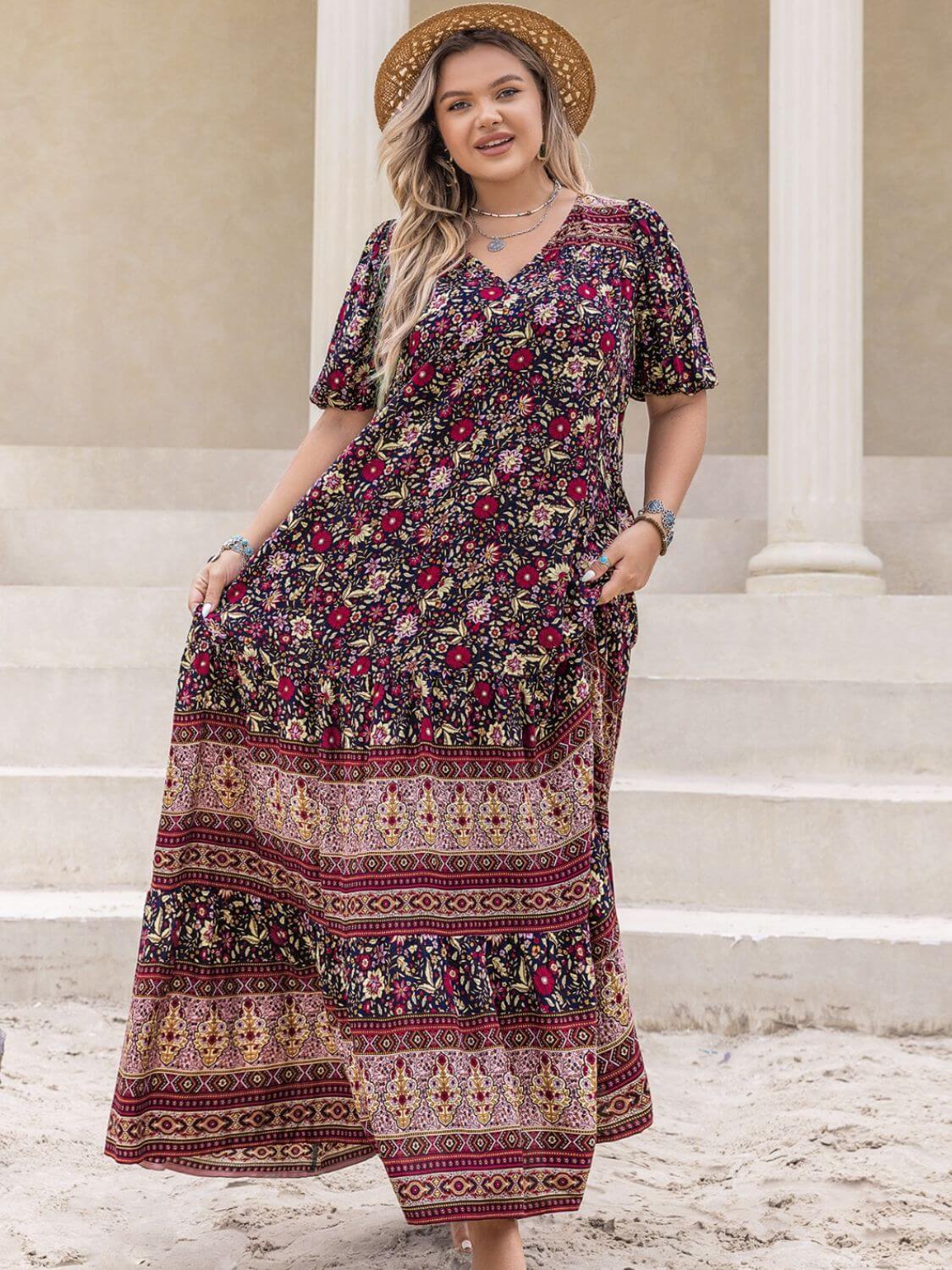 Plus Size Printed V-Neck Short Sleeve Maxi Dress in Floral Pattern, Worn by a Model in a Summer Setting