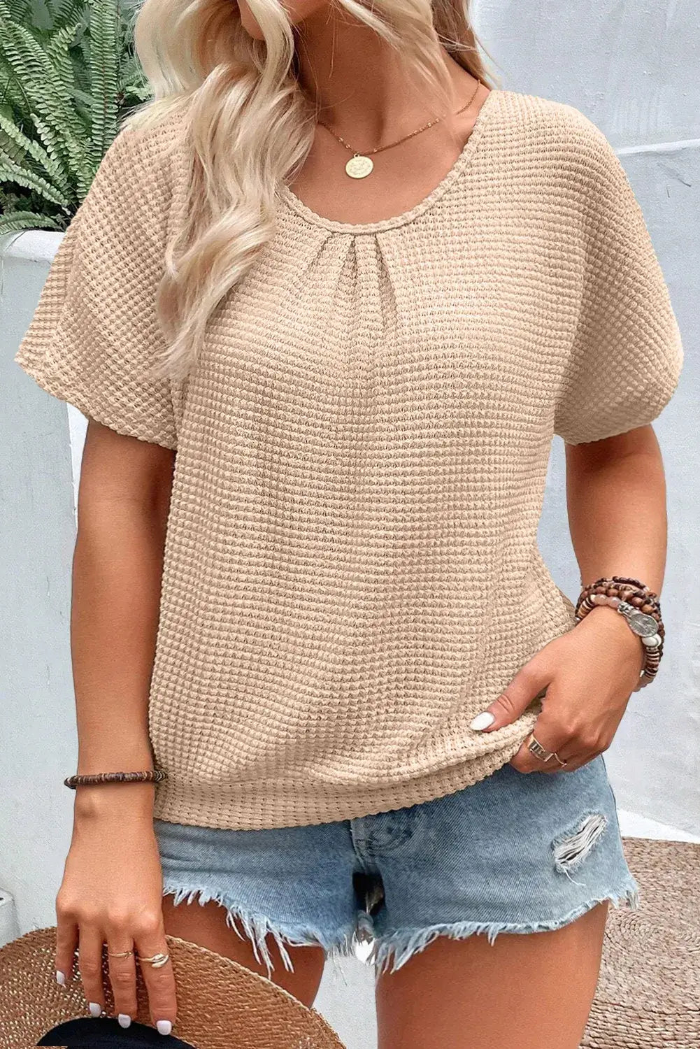 Plus Size Textured Lace Round Neck Short Sleeve Top