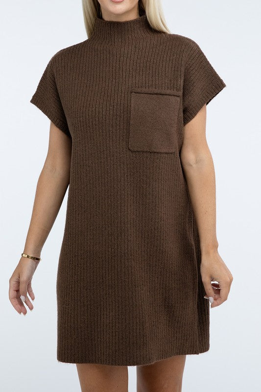 Mock Neck Short Sleeve Sweater Dress with Pocket - Lily and Lavender Boutique
