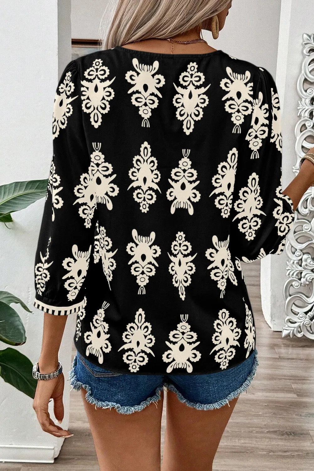 Printed V-Neck Three-Quarter Sleeve Blouse